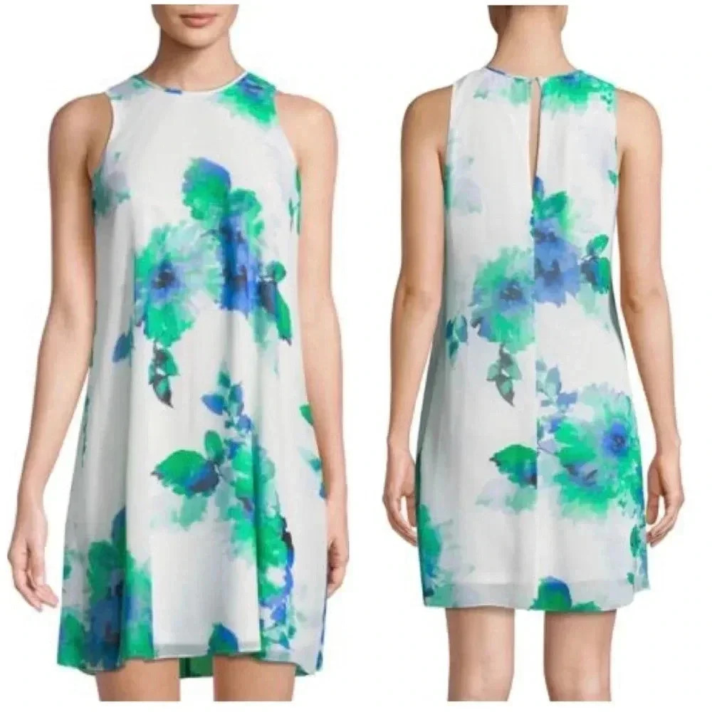 CALVIN KLEIN COLLECTION | Green/White/Blue Floral Sleeveless Shift Dress Size 4